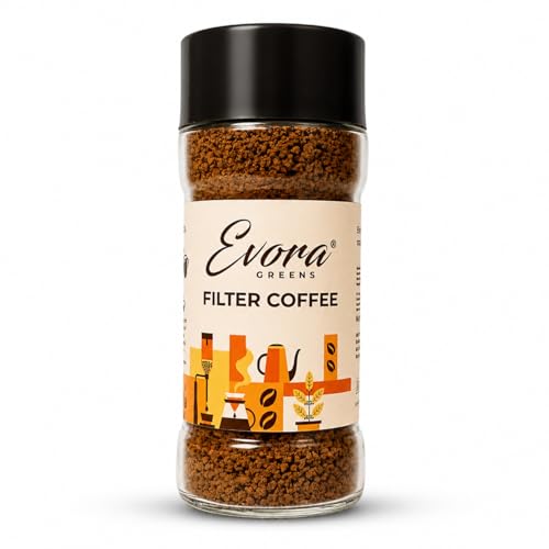 Image of Evora Greens Filter Instant Coffee | Arabica Robusta Chicory Blend | South Indian Style Strong Taste | Hot Filter Coffee | Makes ~50 Cups | 100g Glass Jar