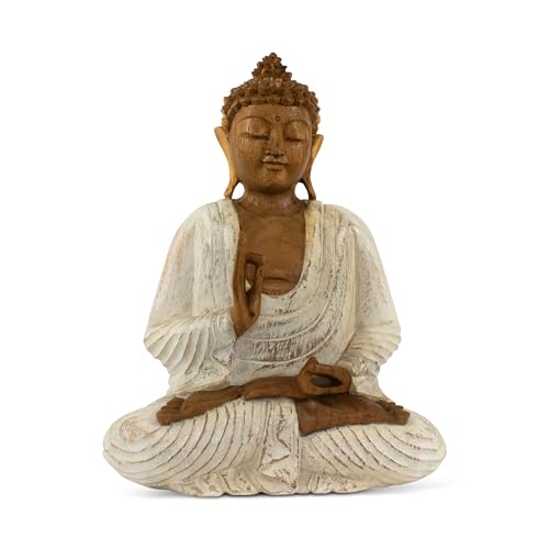 Estatua de Buda de madera tallada 16 in blanco lavado miniatura 1