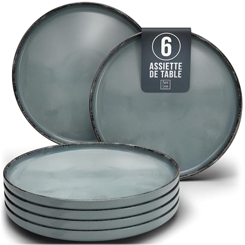 Assiettes en faïence Pure Living pour 6 personnes - Vainqueur du test rustique - Style maison de campagne - Bleu fumé