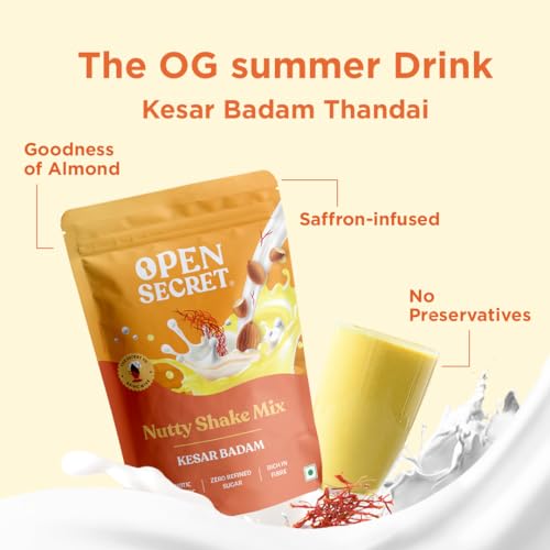 Image of Open Secret Thandai | 225g | Kesar Badam Powder Mix, Mixer of Elachi, Saffron, Almonds and Jaggery, Instant Refreshing Drink for Holi, No Added Preservatives and Zero Refined Sugar (Pack of 3)