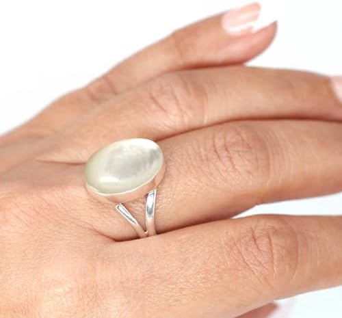 Jeweloporium White Mother Of Pearl Silver Ring Size 8, 925 Sterling Silver Ring for Women, Genuine Chunky Oval Gemstone Handmade Jewelry - 1