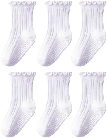 ALLOVIN Baby & Toddler Girls Non-Slip Ruffle Socks, 6 Pairs Soft Cotton Grip Socks – Ideal Gift for Baby Shower & Birthday
