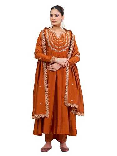 Image of MOKOSH Women's Silk Embroidery Anarkali Kurta Pant with Dupatta | Women's Anarkali Kurta Set | 3 Piece Ethnic Outfit with Dupatta | Round Neck Full Sleeve