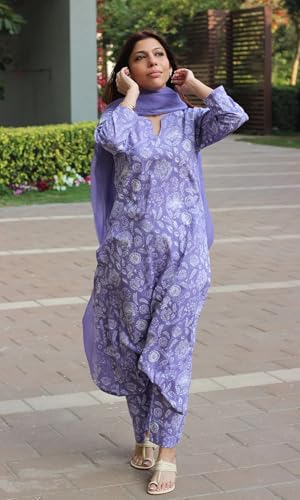 Image of Yashika Women Viscose Rayon Floral Printed Stitched Kurta with Pant and Dupatta | Lavendar Color Kurta Set | Kurta with Pant & Dupatta Set for Woman | Printed Kurta Set
