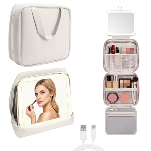 Cosmetiquera con Espejo y luz,Bolsa de Maquillaje con Espejo LED, 3 Niveles de Luz, Sensor Táctil,Adecuado para Viajes de Mujeres y Uso Doméstico...