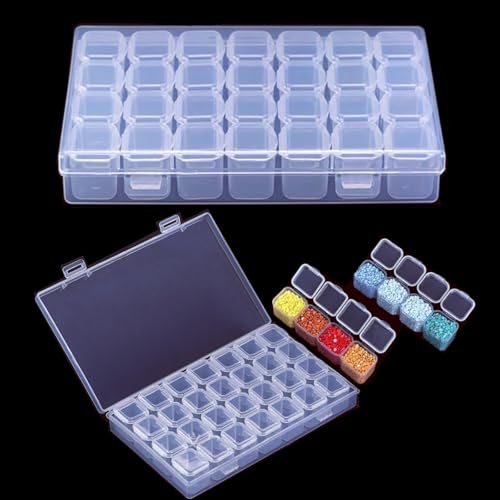 SJZQ 2 Pack 28 Grid Plastic Diamond Painting Organizer, Small Bead Storage Containers with Removable Compartments for Jewelry, Ear Studs, Pigment Sand, Diamond Art & Small Items