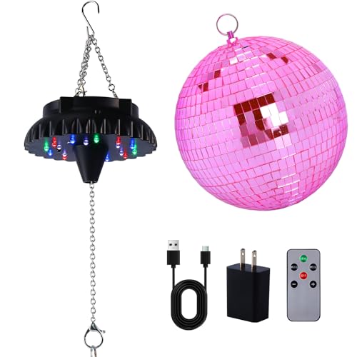 Bola espejada rosa de 8 pulgadas y motor para bola espejada con control remoto, rotador de bola espejada giratoria recargable con batería y velocidad ajustable – 18 luces LED RGBW integradas miniatura 1