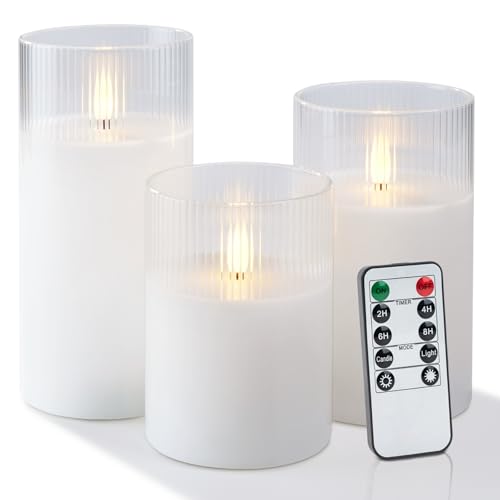 Image of Amagic Glass Flameless Candles with Remote, Battery Operated Candles with Timer, Real Wax LED Pillar Candles with Flickering Flame for Home Wedding Fall Decor, White, Set of 3