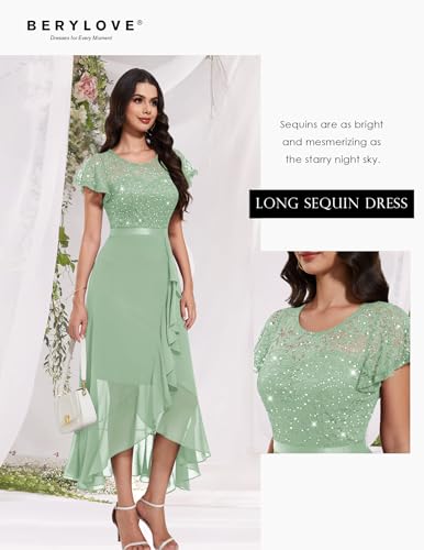 Image of BeryLove Formal Long Dresses for Women Wedding Guest Cocktail Bridesmaid | Airy Lace & Chiffon Evening Gown, Flutter Sleeve, Ideal for Mother of the Bride, Prom, Homecoming Party & Semi-Foraml Events