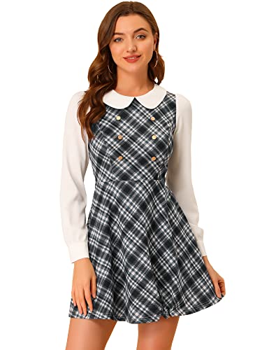 Image of Allegra K Women's Peter Pan Collar Contrast Color Button Decor A-Line Preppy Plaid Mini Dress Small Black