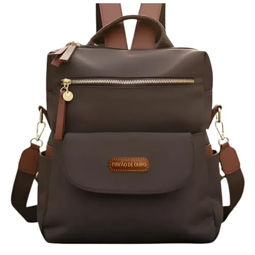Bolsa Mochila Feminina 3 em 1 Pavão de Ouro Universitária com Alça de Ombro Bolso Antifurto Nylon Impermeável - Café