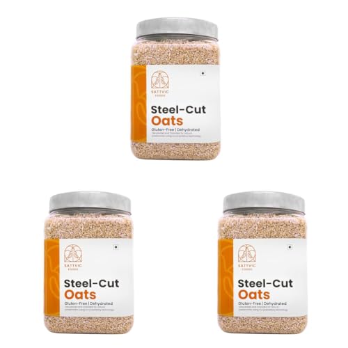 Image of Sattvic Foods Steel Cut Oats (1.5 kg) Scottish Oatmeal, Wholesome Breakfast Cereal - Gluten-Free & NON-GMO | High in Dietary Fibre & Protein | Make Porridge, Baked Goodies (Pack of 3)
