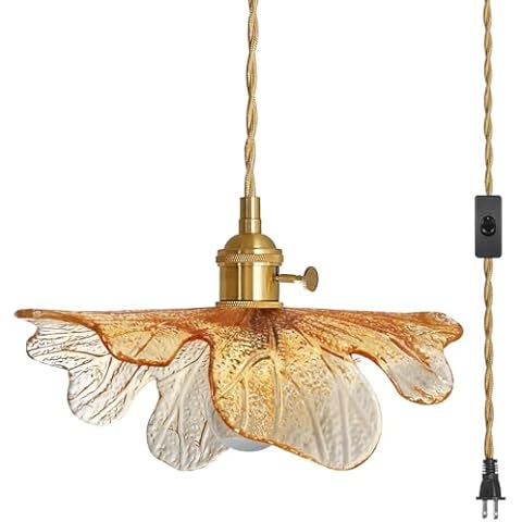 Auwieou Plug in Pendant Light 15ft Hanging Light with Plug in Cord Mid Century Modern Pendant Light Fixtures Amber Glass Pendant Light Hand Blown Brass Pendant Light for Kitchen Living Dining Room Cover