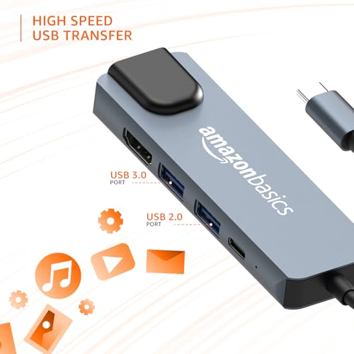 Image of Amazon Basics 5-in-1 Hub Multiport Adapter, USB Type-C with Aluminium Shell, 100Mbps Ethernet Port, HDMI 4K, 1xUSB 3.0, 1xUSB 2.0, 100Mbps Ethernet, 100W Charging for MacBook, DELL & Type C Devices