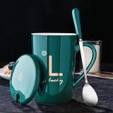 Estilo: breve Tazas de cerámica de 380 ml Tazas de patrón de letras creativas con tapa de cuchara Taza de café con leche de oro verde Marca Drinkware Regalos de novedad, L, caja blanca