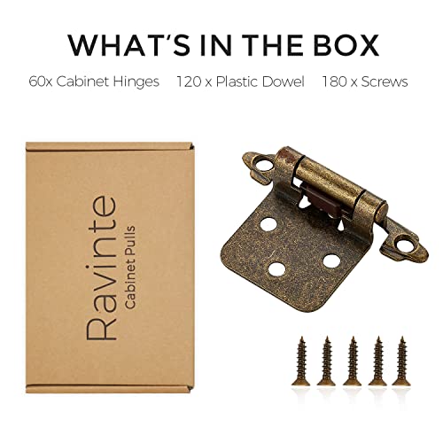 Image of Ravinte 60 Pack (30 Pairs) 1 /2 inch Overlay Cabinet Hinges, Self-Closing Semi-Concealed Face Mount, Antique Brass Decorative Hardware with Door Bumpers for Kitchen & Cupboard Doors