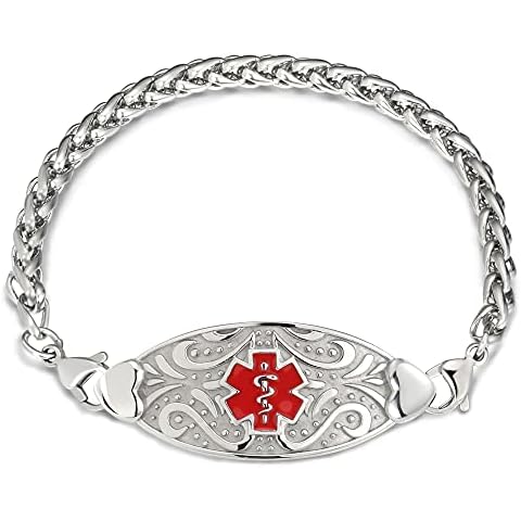ASTERY Custom Medical Alert ID Bracelet for Women Free Engraving,Personalized Emergency Identification Bracelet Medical Alert ID Jewelry,6.0 to 8.5 Inches (7.5, Silver color style with red symbol) Cover