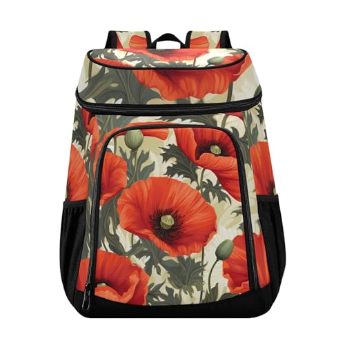 Red Poppy Flowers Cooler Backpack Cooler Insulated Leak Proof Lunch Backpack 36 Cans Waterproof Soft for Men Women Picnic Hiking Camping Beach
