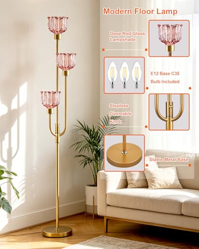 Image of Lightdot 3-Lights Modern Glass Floor Lamp 66IN Gold Dimmable Floor Lamps with 3000K Warm White Bulbs for Wedding Party Tall Standing Lamp with Deep Red Glass Shade for Living Room /Bedroom /Home Decor