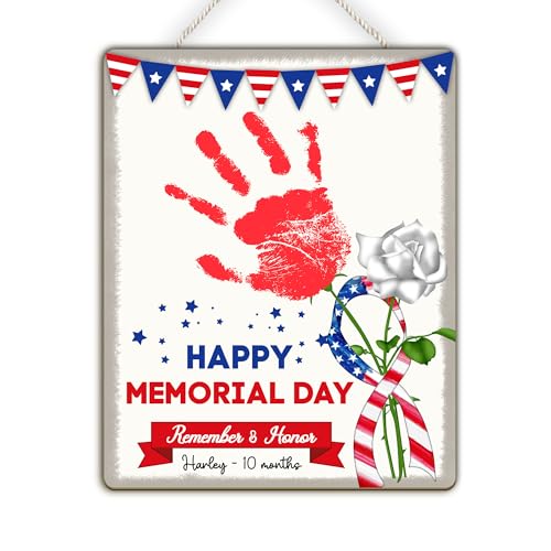 Custom DIY Baby First Memorial Day Handprint Wooden Hanging Sign Personalized My 1st Memorial Day Gifts Memorial Day/4th of July/Veterans Day Patriotic Decorations, Kids Art Craft, Remember and Honor
