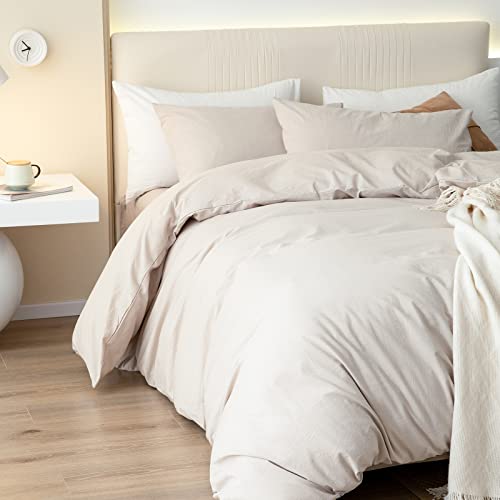 Jiyuan 100% Washed Cotton Duvet Cover Set Comfy Simple Style Soft Breathable Textured Durable Linen Feel Bedding For All Seasons Queen Size,Solid Linen #TOP4