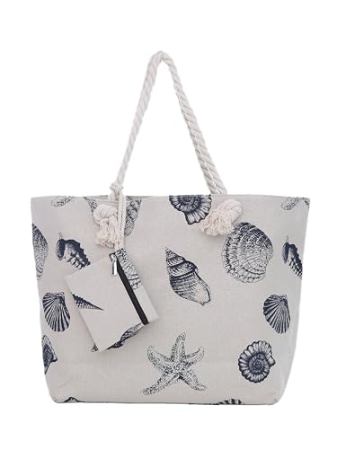 DonDon Bolsa de playa grande con cremallera 58 x 38 x 18 cm diseño marítimo almeja color natural shopper bolsa de hombro estilo de yate (yacht style)