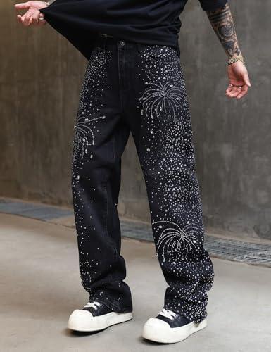 Men Loose Rhinestone Crystal Denim Jeans4