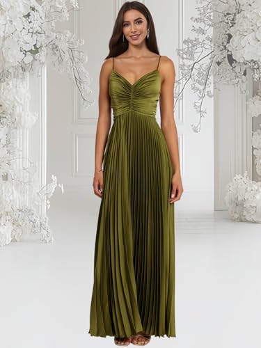 Satin Pleated Bridesmaid Dresses Spaghetti Straps Long Formal Gown for Women3