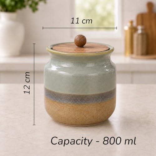 Image of The Earth Store Rustic Green Pickle Jar Set of 1 - 800ML Airtight Ceramic Jar for Kitchen Storage | Microwave & Dishwasher Safe Achar Container | Pickle, Salt & Spice Storage Jar