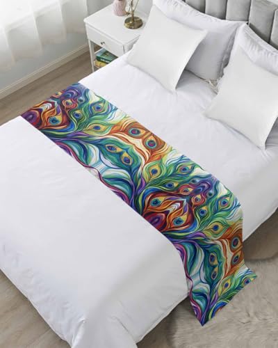 Colorful Peacock Feathers Bed Runner for Twin Size, Oil Painting Abstract Art Bedspread Protector Slipcover Bed Scarf for Foot Runners & Scarves for Bedroom Hotel Wedding Room 71x20 Inches