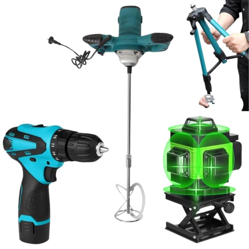 Kit Professionale 3 in 1, Miscelatore Malta e Cemento 1600W 6 Velocità M14 + Livella Laser 4D 16 Linee Autolivellante + Avvitatore con 2 Batterie, Set Completo da Lavoro