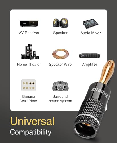 Dhivis Banana Plugs, 12 Pcs, Premium 24k Gold Plated, 4mm Black Banana/Speaker Plugs, Dual Screw Lock Speaker Connector for Amplifier, AVR, Speakers. (12 Pcs Pack) (BANANA-12)
