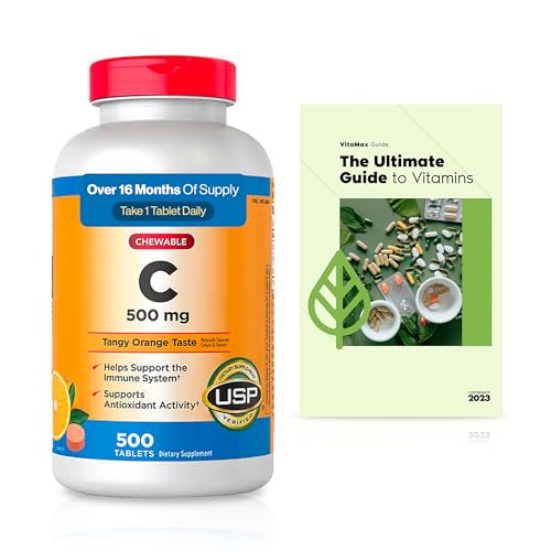 KKL Chewable Extra Strength Vitamin C 500 mg 500 Count Immune & Antioxidant Support Daily Dietary Supplement + Exclusive Vtmx Vitamin Guide (2 Items)