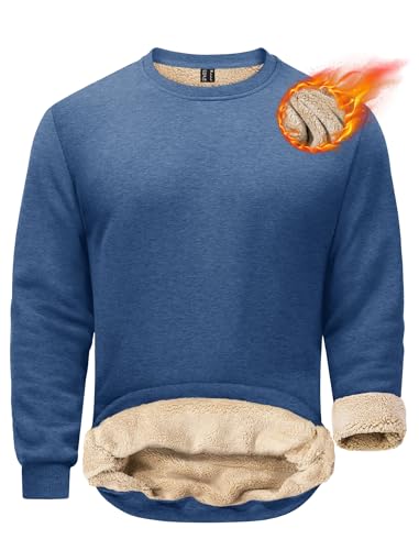 EKLENTSON Men's Sweatshirts Winter Sherpa Lined Pullover Tops Crewneck Jumper Cotton Thick Fleece Sweatshirt for Outdoor Fishing Hiking Camping,Blue,S