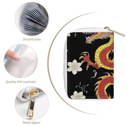 Women's Portable Card Holder Wallet, Pu Leather Credit Card Organizer Bag with 20 Slots Floral Chinese Japanese Dragon Flower Zipper Slim Coin Purse4