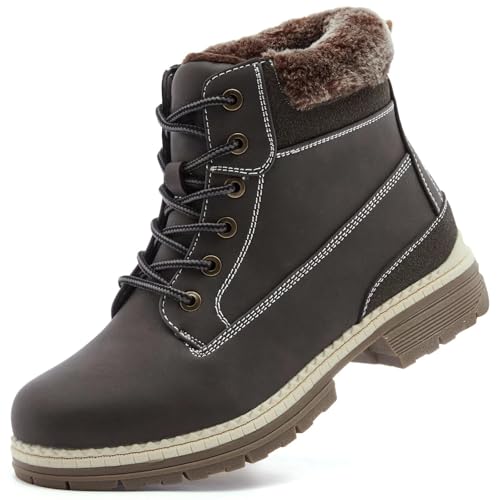 Image of COTTIMO Snow Hiking Winter Boots for Women - Casual Brown Combat Work Boot - Non-slip Fur-Lined Ankle Boots - Fashion Boots Waterproof Leather Shoes
