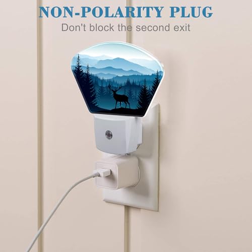 Image of Blue Misty Mountains Plug in Night Lights, Deer Nightlight Plug Into Wall Dusk to Dawn Sensor for Kid Girls Boys Women Men Bedroom, Hallway, Kitchen, Bathroom, Stairs Decor