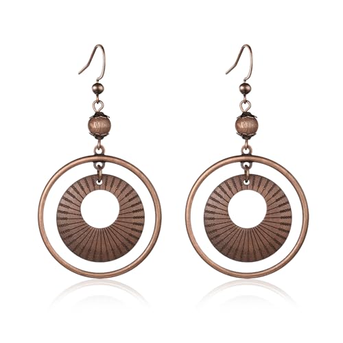 Silver/Gold Boho Dangle Statement Earrings for Women Trendy Handmade Vintage Dainty Cute Long Drop Summer Earrings fashion Accessories Jewelry Gifts (A69 Wooden Beads Hoop Bronze Earrings)