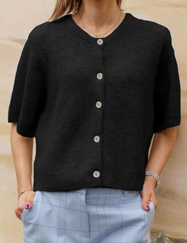 Women's Lightweight Cardigan Sweater Short Sleeve Button Down Crop Sweater Knit Casual Sweater Top 6