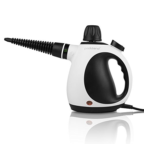 ProduTrend Black Portable Handheld Stamer-9 Attachments and Accessories – Pressurized, No Chemicals, Garment, Fabric and Surface Bed Bugs Cleaner – 12 Ounces – Miracle Steam, Black & White