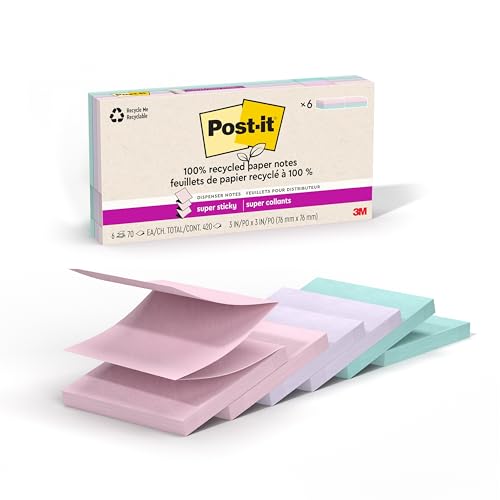 Post-it Super Sticky 100% Recycled Pop-up Notes, 3 in. x 3 in., 70 Sheets, 6 Pads, Wanderlust Collection, School Supplies and Office Products