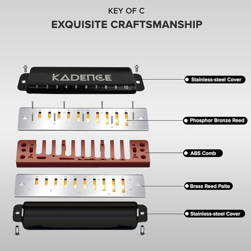 Image of Kadence PB10 Jamming Series 10-Hole Diatonic Harmonica (Mouth Organ) | C Major | ABS Comb with Brass Reed Plates & Stainless Steel Coverplates | Includes Hard Case & Learning Course | Black