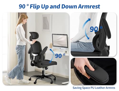 Image of TRALT Ergonomic Office Chair - Desk Chair with Adjustable Headrest Lumbar Support Computer Chair - Mesh Comfy Chair with Flip-up Armrests - Gaming Chair for Adults Home Office PU, Black, Pack of 6