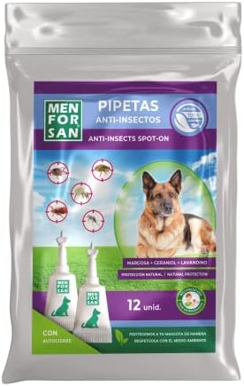 MENFORSAN Pack con 12 pipetas Anti-Insectos para Perros, con Margosa, geraniol y lavandino, con Bolsa autocierre