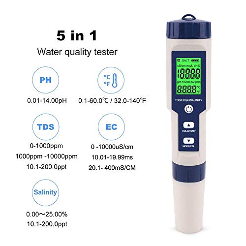 Water Quality Tester 5 in 1 Water PH Salinity TDS EC Temperature Test Pen Type Drinking Water Aquarium Hydroponics Testing Meter with Backlight 2