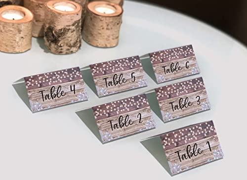 Tented Farmhouse Wedding Place Cards. Set Of 50 Rustic Wedding Table Cards. Ideal For Weddings, Celebrations, And Buffets. Warm Glowing String Lights And Lace Over Weathered Wood Background. 2"X3.5". #TOP4