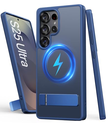 Image of Vihibii PC,Silicone For Samsung Galaxy S25 Ultra Magnetic Back Cover With Stand,[Compatible With Magsafe],Drop Protection Shockproof,Translucent Matte Slim Phone Case For S25 Ultra 6.9 inch 2025,Dark Blue