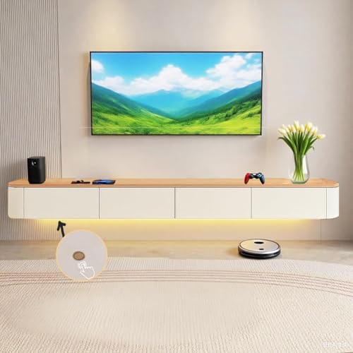 Image of Floating TV Stand Wall Mounted - Wall Entertainment Center with Flip-Down Doors & Drawers, Modern Hanging TV Shelf for Living Room, Media Console for 65 /75 80 Inch TVs (White+Wood- B, 86.6IN /220CM)