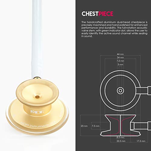 Image of MDF Instruments, Acoustica Lightweight Stethoscope for Doctors, Nurses, Students, Home Health Use, Adult, Dual Head, White Tube, Gold Chestpiece-Headset, MDF747XPK29