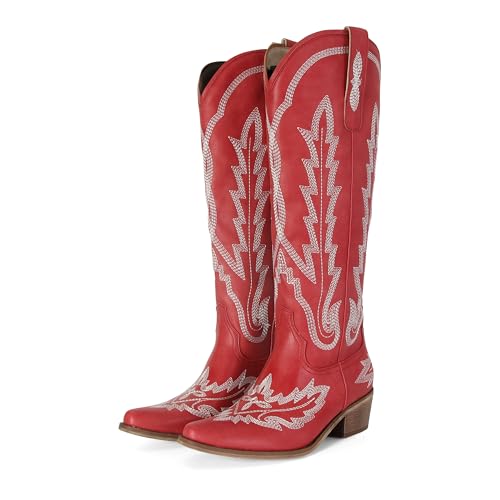 Image of STALOV Cowboy Boots for Women Pull On Chunky Heel Boots Knee High Cowgirl Boots Western Pointed Toe Boots Embroidered Suede Boots